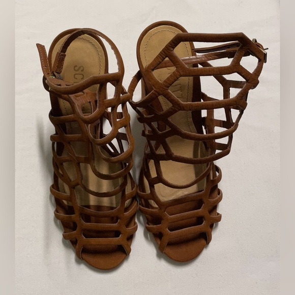 Schutz Jaden Brown Dress Sandal Saddle Cut-Out Block Heel Strappy Fashion Pumps - Picture 2 of 6